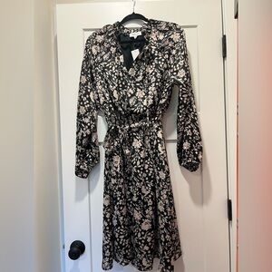 Baltic Born Black and Cream Satin Floral Long Sleeve Dress